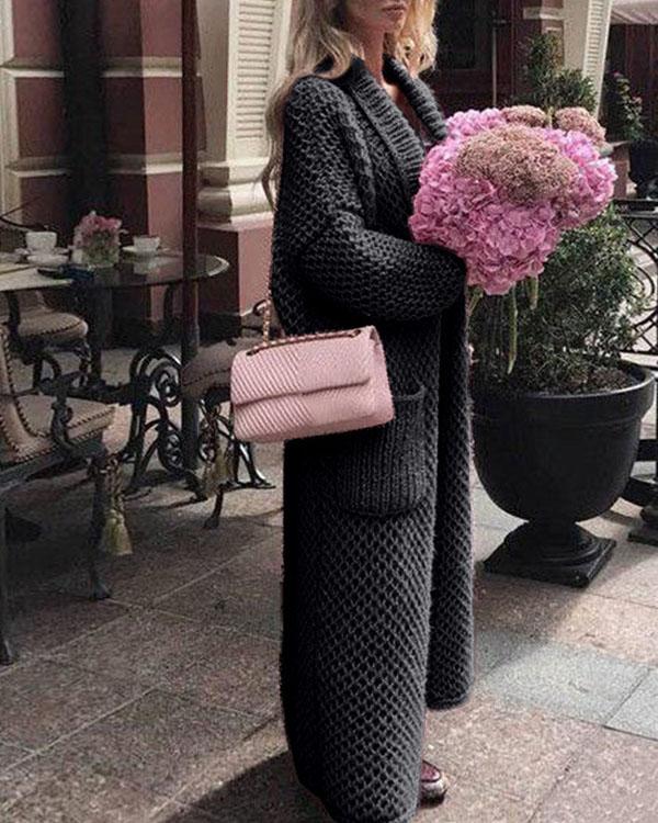 Solid Knitting Warm Cardigan Winter Long Coat With Pockets