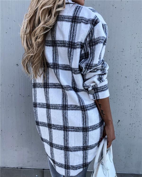 Long Sleeve Plaid Shirt Mid-length Coat