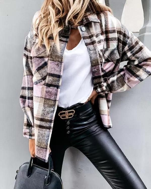 Loose casual retro plaid long-sleeved shirt jacket
