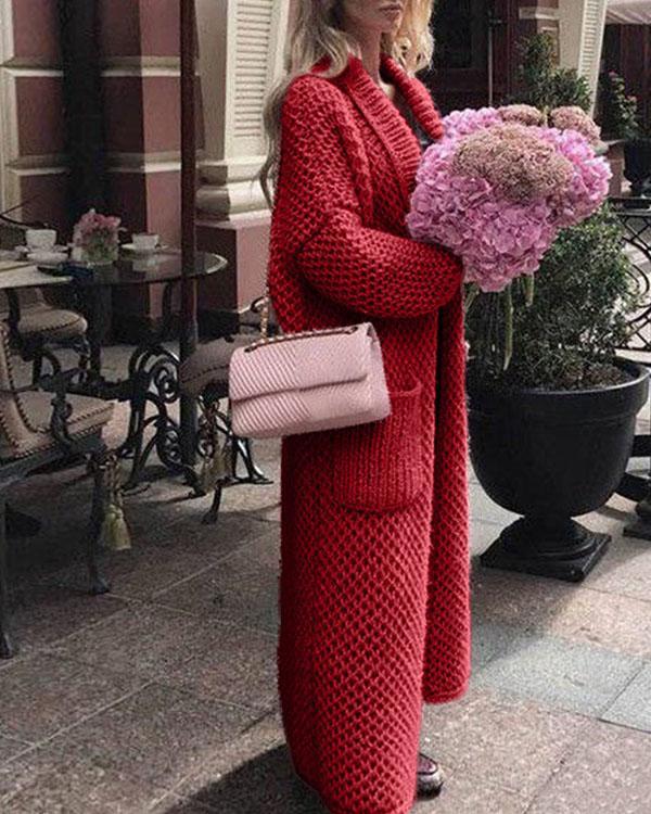 Solid Knitting Warm Cardigan Winter Long Coat With Pockets
