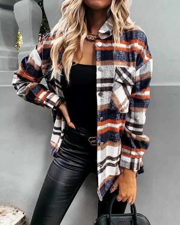 Loose casual retro plaid long-sleeved shirt jacket