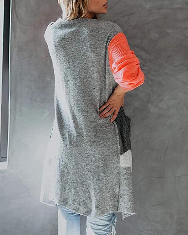 Fashion Straight Color Block Knit Sweater Cardigan Long Coat