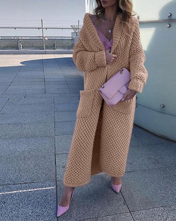 Solid Knitting Warm Cardigan Winter Long Coat With Pockets