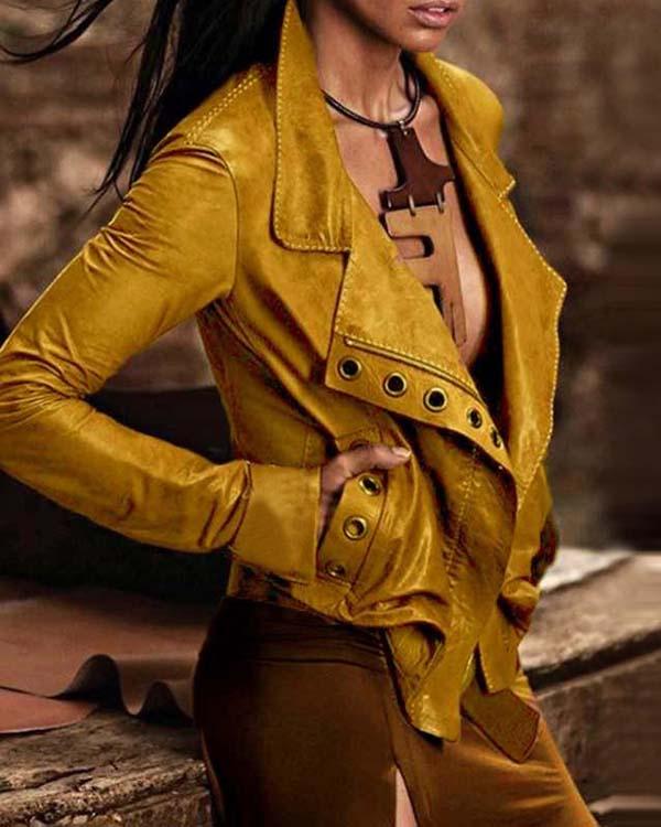 Camel Solid Pockets Vintage PU Jackets