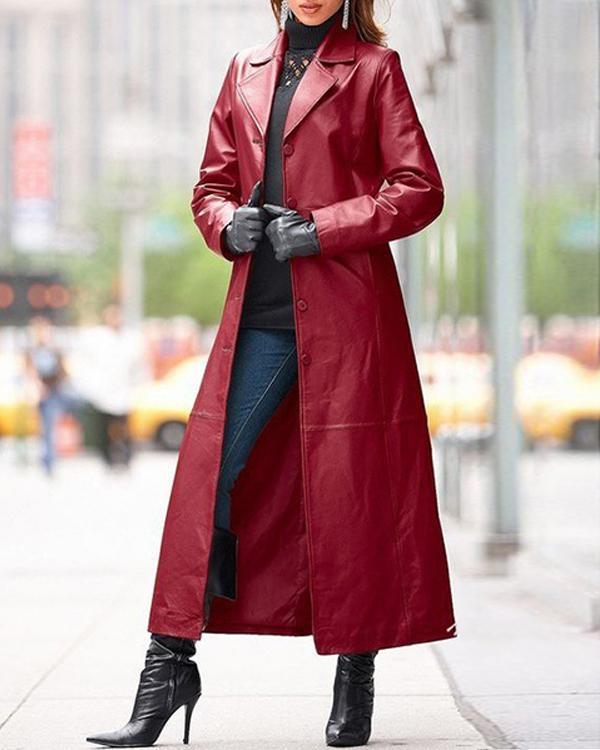 Womens Winter PU Leather Slim Fit Overcoat