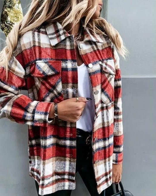 Loose casual retro plaid long-sleeved shirt jacket