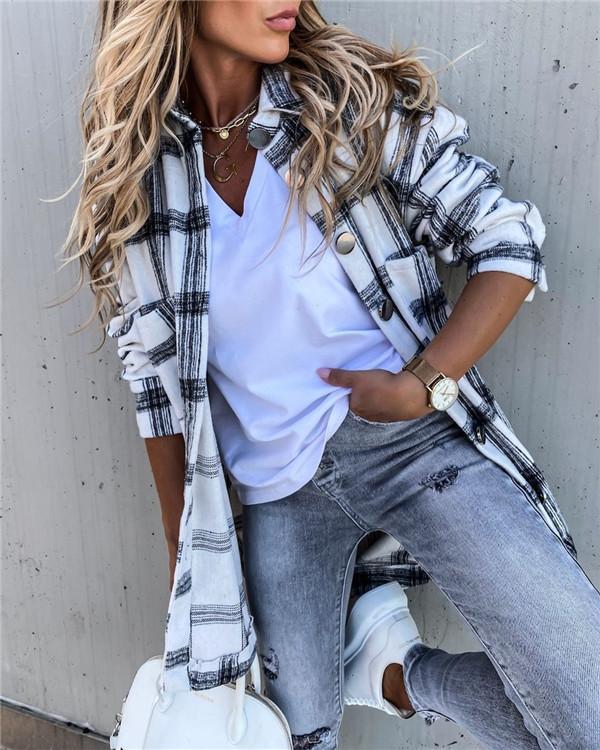 Long Sleeve Plaid Shirt Mid-length Coat
