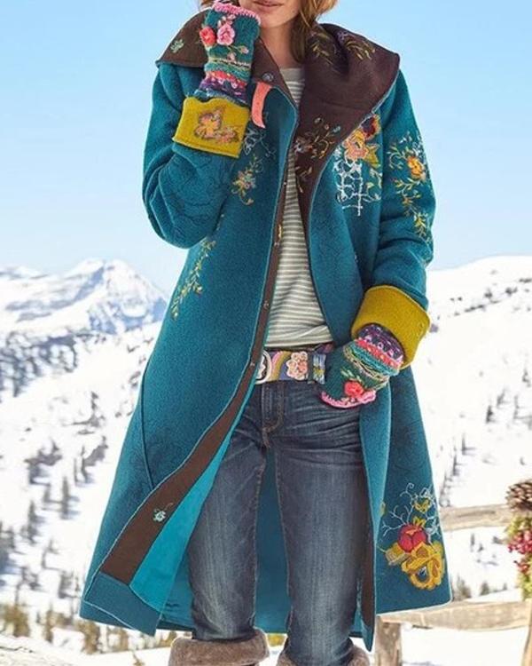 Vintage Print Button Long Sleeve Woolen Coat