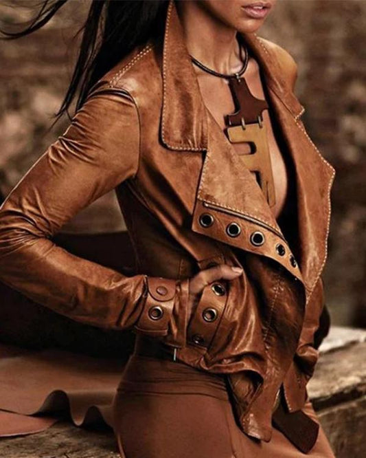 Camel Solid Pockets Vintage PU Jackets