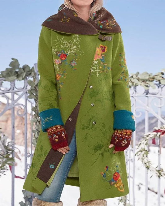 Vintage Print Button Long Sleeve Woolen Coat